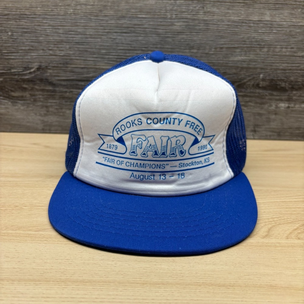 Vintage Rooks County Free Fair Hat Cap Snap Back Blue White 1990 Stockton KS 90s
